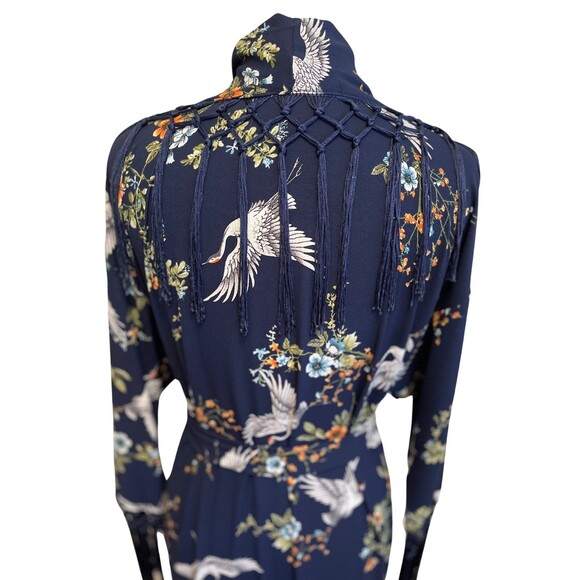 Jennafer Grace Kimono Robe Designer Handmade Blue Cranes Floral Fringe Boho S M - Picture 14 of 15